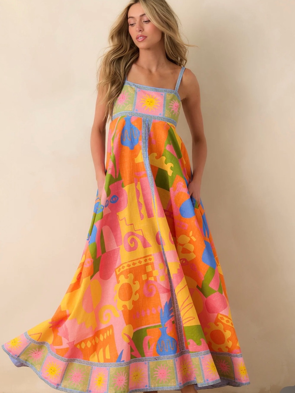 PARADISA ATLANTIS ORANGE MULTI COTTON ABSTRACT PRINT MAXI DRESS XS NWT